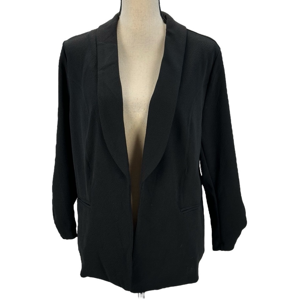 Bar III 3/4 Ruched Sleeve Lightweight Open Front Blazer - Black - size OX